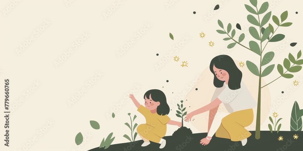 A woman and a child are planting a tree. The woman is holding the child's hand and guiding her as they plant the tree. Concept of nurturing and care A woman and a child are planting a tree. The woman is holding the child's hand and guiding her as they plant the tree. Concept of nurturing and care