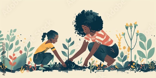 A woman and a child are planting a tree. The scene is peaceful and shows a mother and daughter bonding over a shared activity