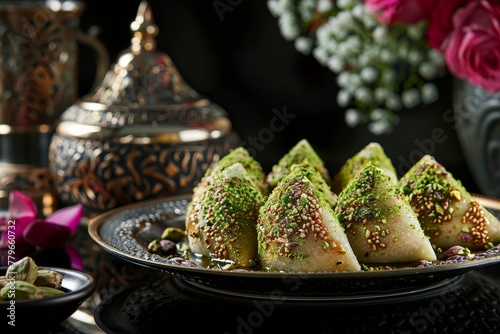 Traditional Arabic Ramadan sweets with pistachio on black background isolated photo