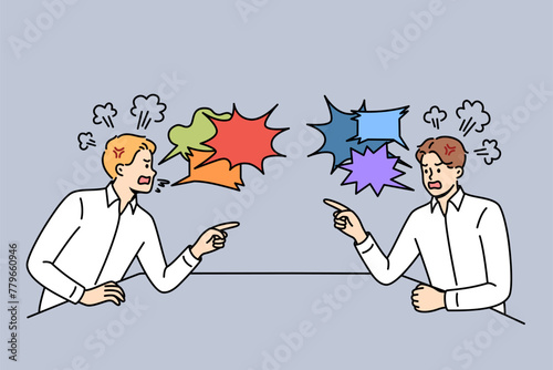 Quarrel two business men sitting at table and uttering accusations and insults against competitor. Quarrel between office employees is caused by lack of clear remuneration system in corporation
