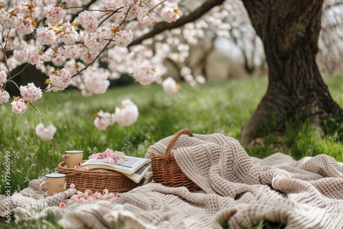 A blanket, a basket, and a book are placed on the ground beneath a tree, creating a peaceful scene, A picnic blanket under a cherry blossom tree in spring, AI Generated photo