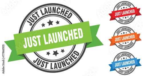 just launched stamp. round band sign set. label