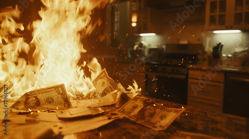 Burning money in the kitchen. The concept of financial crisis. photo