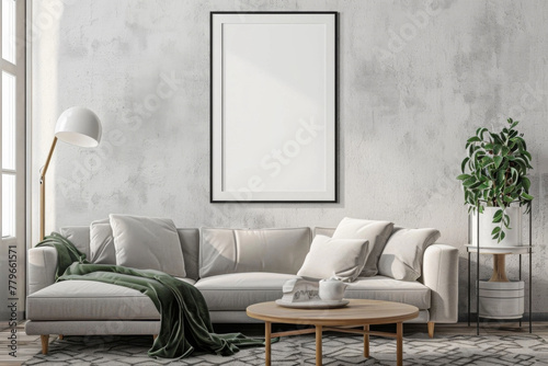Mockup poster frame on the wall of living room. Luxurious apartment background with contemporary design. Modern interior design. 3D render 