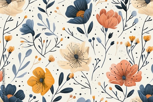 Seamless Blue  Orange  and Yellow Floral Pattern on White Background for Textile Printing and Wallpaper Design