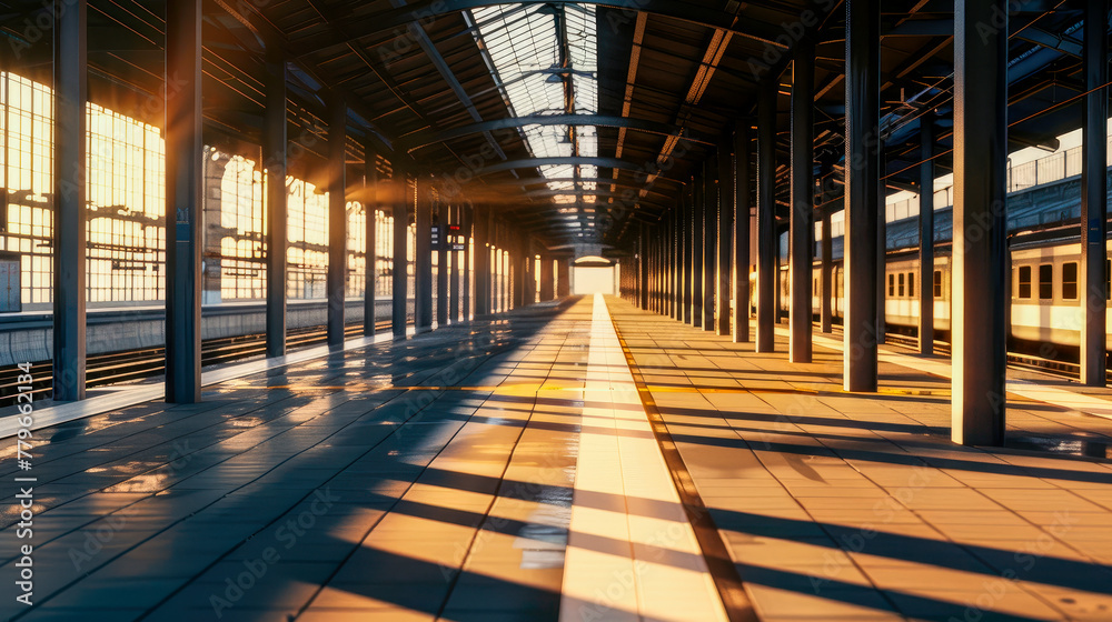 Perspective view of a platform in railway station with sunset light cast on train parking by the platform.