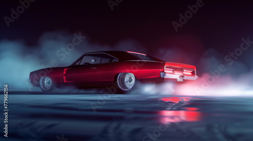 Retro red car drifting with lots of smoke from burning tires on speed track at night.