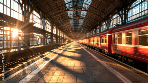 Perspective view of a railway station with sunset light cast on train parking by the platform.