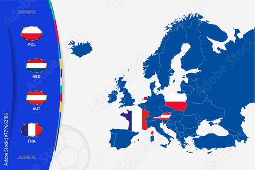 Map of Europe with marked maps of countries participating in group D of the European football tournament 2024.