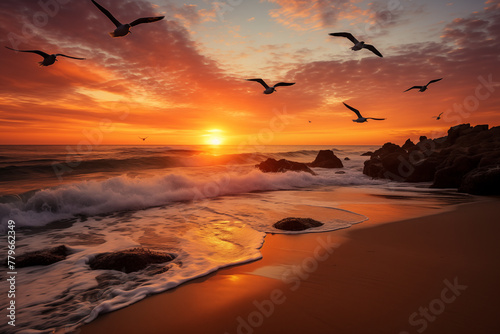 Spectacular Sunset on Tranquil Beach with Seagulls. Generative AI © Dima
