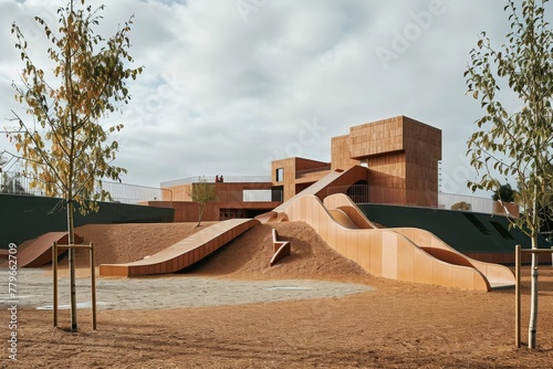 A modern building with a ramp in front of it, providing accessible entry for individuals with mobility limitations, A playground designed in a minimalist style, AI Generated photo
