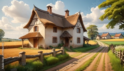 Quaint countryside cottage with a thatched roof  nestled in a picturesque setting with golden fields and a cobblestone path. AI Generation