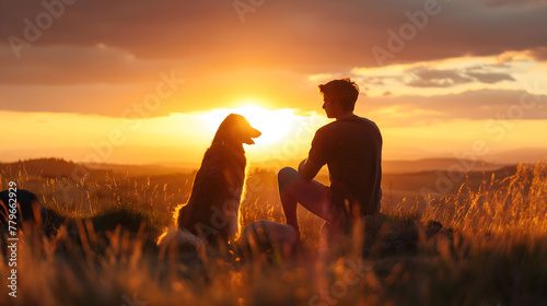 Silhouette of a person and his dog sitting in a field  enjoying a stunning sunset together