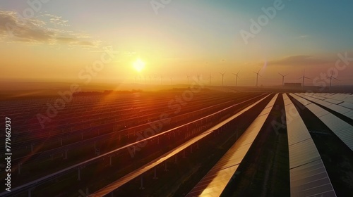 Renewable Energy Landscape at Sunset with Solar Panels and Wind Turbines