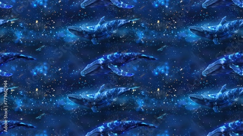 Whales in a starry ocean, magical night swim, vivid