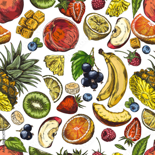 Seamless pattern with tropical fruits and juicy berries sketch, natural healthy vitamin food hand drawn vector design