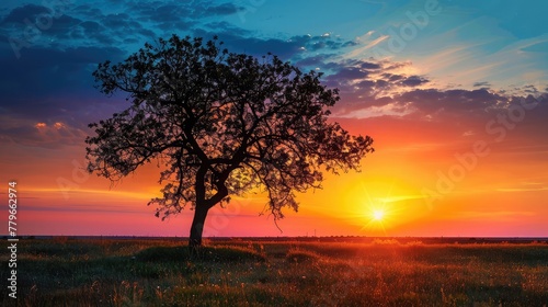 sunset over the thick green tree in field 