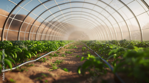 An expansive greenhouse tunnel with growing plants, highlighting modern agricultural technologies