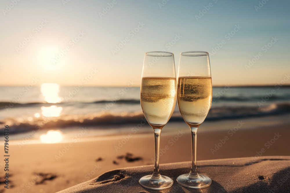 Glasses of champagne on beach. Champagne glasses on the background of the sea. Generative AI