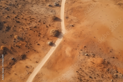 Aerial View of Desert Landscape with road. Road through the desert from above. Generative AI