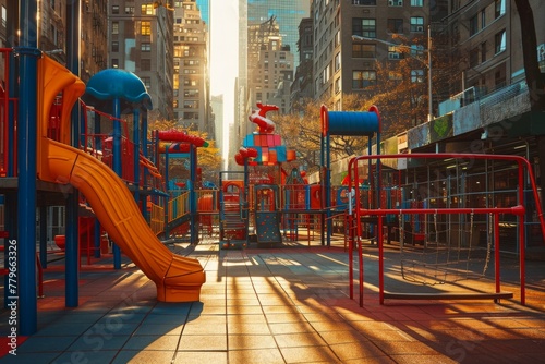 Vibrant Childrens Play Area in a Busy City, A playground in the midst of a bustling cityscape, AI Generated photo