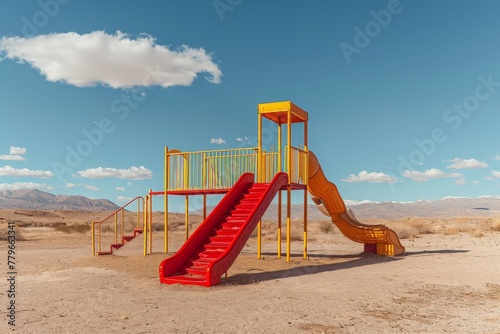 A yellow and red play set stands alone in the vast landscape of the desert, under the scorching sun, A playground isolated in the middle of a desert, AI Generated photo