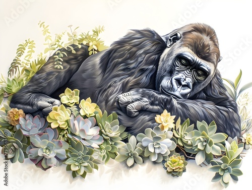 Gentle Gorilla Tending to Lush Garden Oasis on White Background © Natanong
