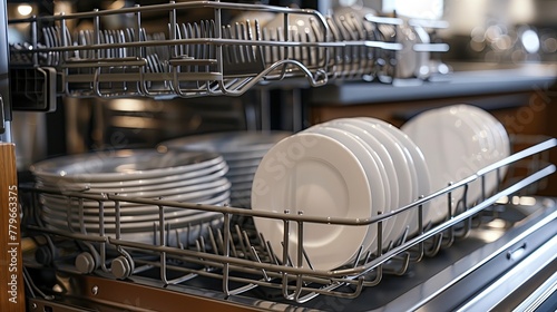 Kitchen appliance filled with plates, silverware and bowls in building.