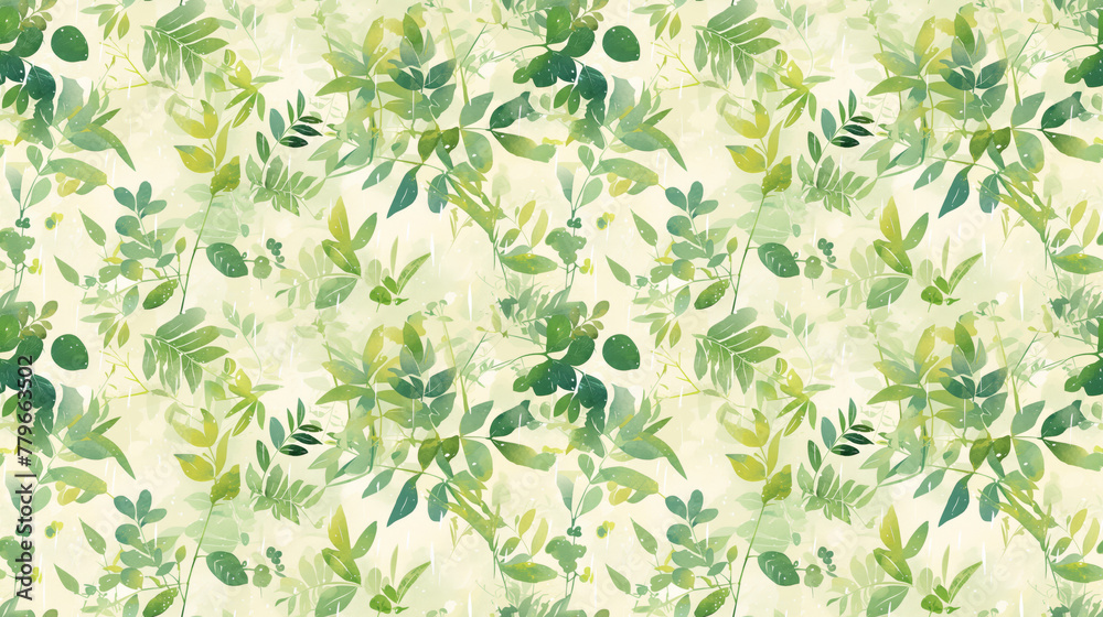 Gentle rain on green leaves, serene watercolor effect Gentle rain on green leaves, serene watercolor effect
