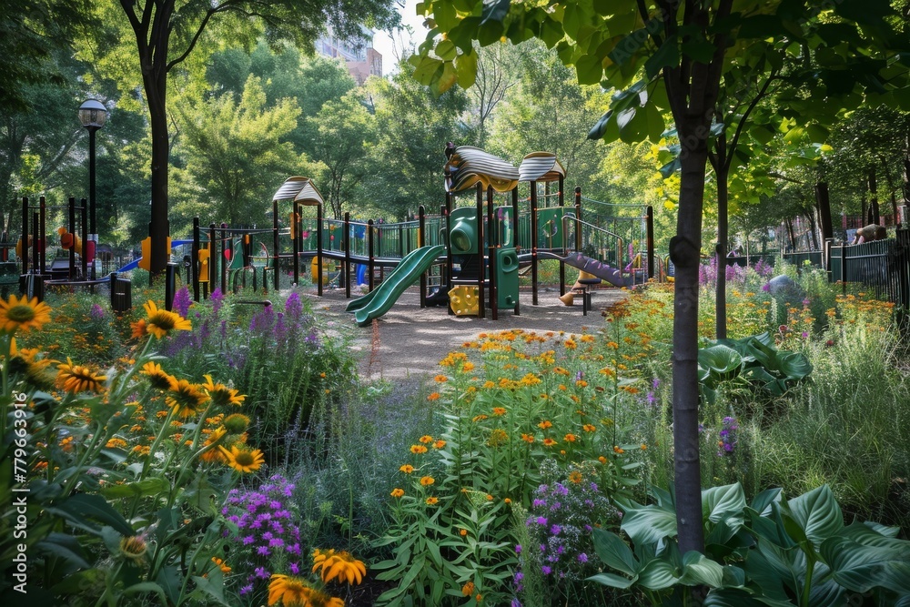 A lively childrens playground nestled amidst a vibrant display of flowers and lush trees, A playground populated by a biodiversity of plants, AI Generated