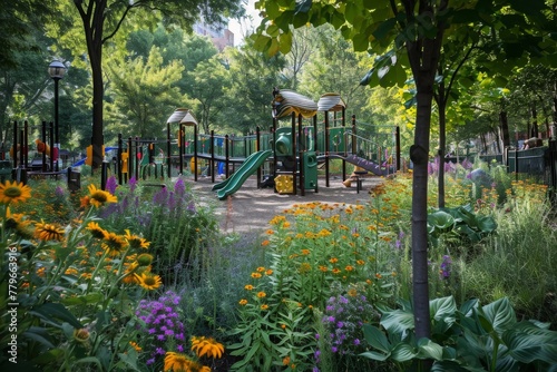 A lively childrens playground nestled amidst a vibrant display of flowers and lush trees, A playground populated by a biodiversity of plants, AI Generated