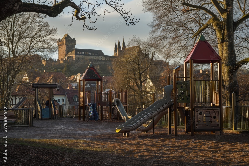 Fototapeta premium A photo featuring a playground set in a park, with a majestic castle visible in the background, A playground under the shadow of an imposing castle, AI Generated