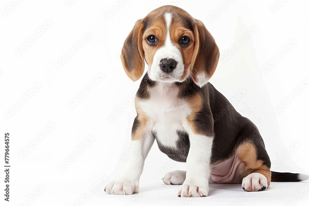 Two month old beagle on white background