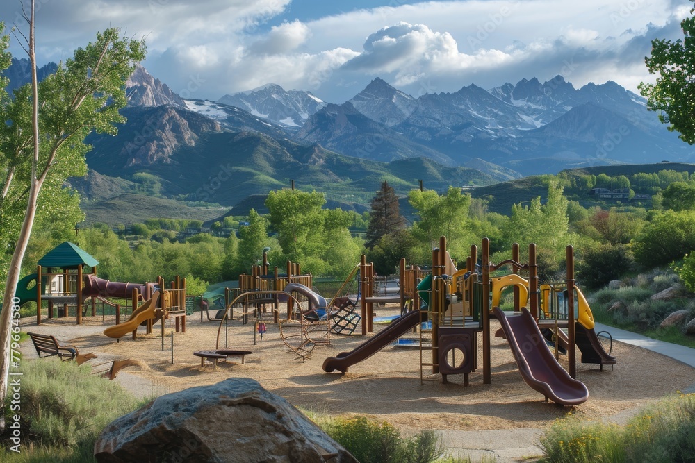 Fototapeta premium A childrens playground with a stunning mountainous backdrop, A playground with a backdrop of dramatic mountain scenery, AI Generated