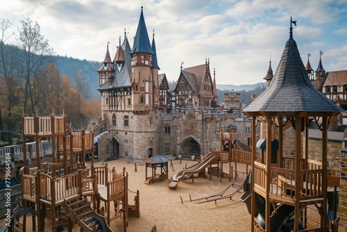 A playground featuring a castle in the background, providing a unique and playful setting for children to enjoy, A playground under the shadow of an imposing castle, AI Generated