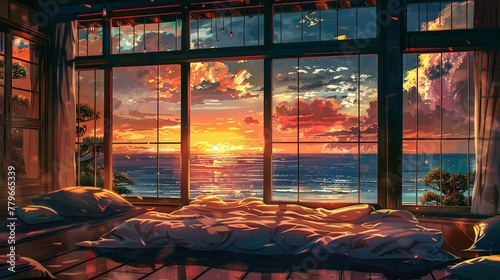 Lush bedroom interior bathed in golden sunset light, featuring expansive ocean views and scattered pillows. Golden Sunset Through Panoramic Window of Bedroom lofi anime cartoon