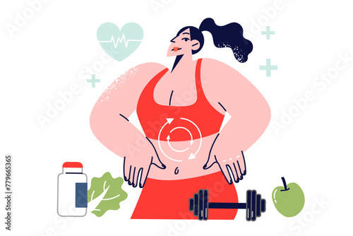 Metabolism process in body of woman doing fitness and eating fruits and vitamins for weight loss