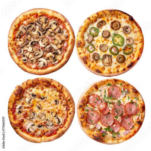 Four pizzas with assorted toppings on a Transparent Background