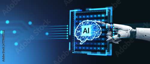 Robot finger touch AI brain, machine learning. Ai generative illustration