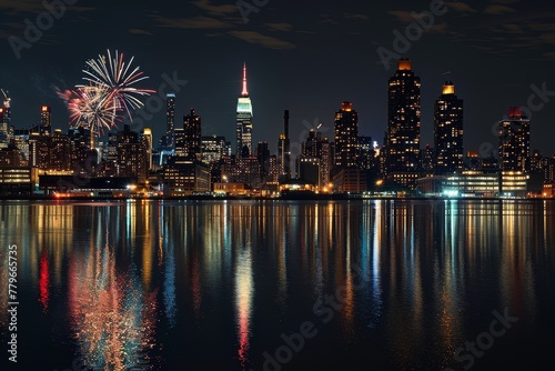A stunning reflection of colorful fireworks lighting up the night sky over the Hudson River.
