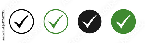 Checkmark icon set. Green ok, accept or yes buttons. Checked icon or correct choice sign. Check mark or checkbox pictogram. Tick illustration isolated.