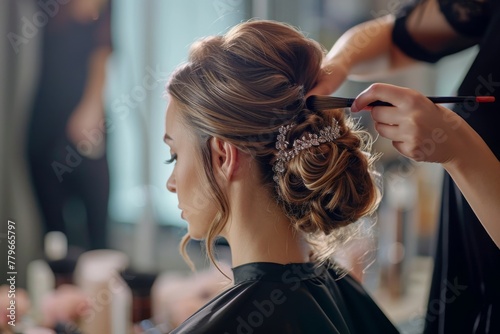 A woman sits in a salon chair while a hairstylist works on her hair, using various tools and products to style it, A professional hairdresser creating a stylish updo, AI Generated