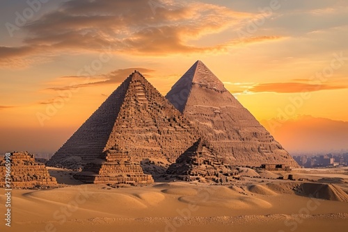 A stunning photo capturing a group of pyramids standing tall in the desert as the sun sets, casting a warm glow on the ancient structures, A pyramid complex in Egypt at dawn, AI Generated © Ifti Digital