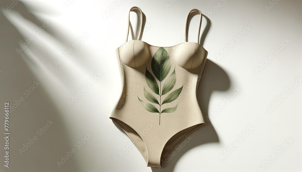 Minimalist Beige Swimsuit with a Single Green Leaf Motif in Soft Natural Light Minimalist Beige Swimsuit with a Single Green Leaf Motif in Soft Natural Light