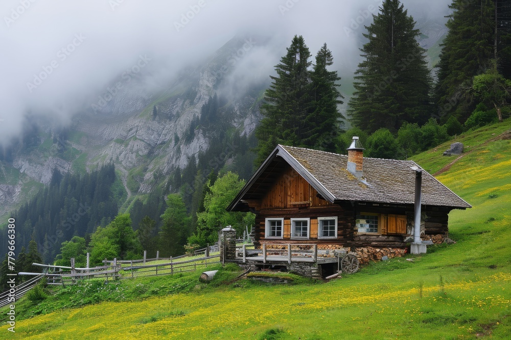A small cabin sits nestled amidst the rugged mountains, providing a cozy retreat in a remote location, A quaint Swiss chalet in the Alps, AI Generated