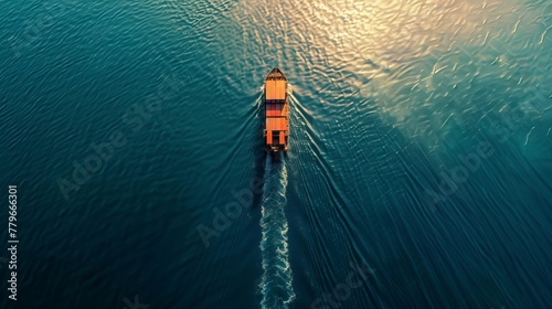 Aerial panorama of a cargo ship carrying container for import and export, business logistic and transportation in open sea with copy space