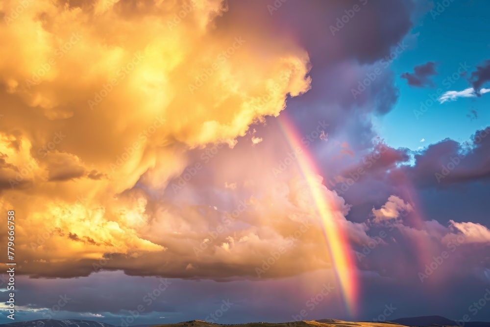 A vibrant rainbow appears in the sky above a lush field, adding a burst of color to the landscape, A rainbow emerging from storm clouds, AI Generated