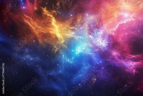 This photo depicts a vibrant space scene, with a multitude of stars shining brightly, A radiant space galaxy bursting with multicolor nebula, AI Generated
