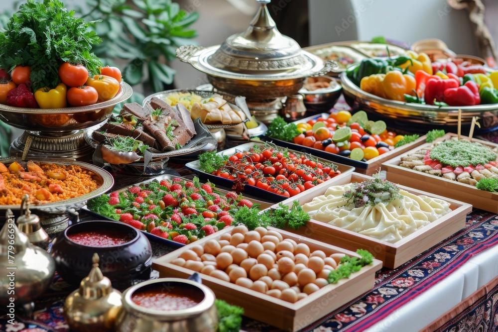 A table filled with a wide variety of food items, showcasing a feast of flavors and cuisines, A Ramadan iftar buffet spread, AI Generated