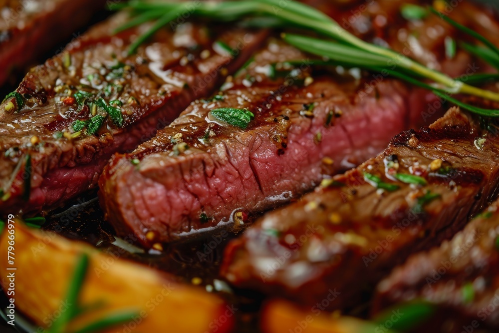 A detailed shot of a steak placed on a plate, showcasing its texture, color, and marbling, A realistic close-up of a rib-eye steak, marinated beautifully with herbs and spices, AI Generated
